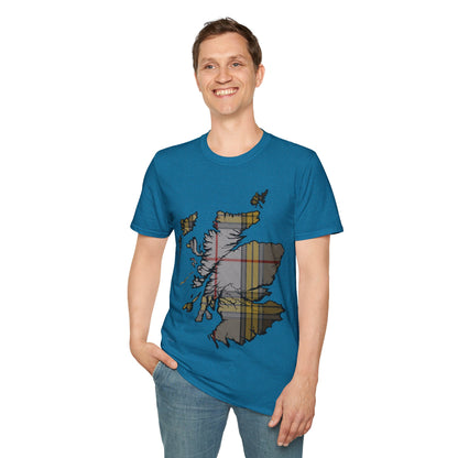 Scotland Tartan Map Softstyle Unisex T-Shirt, Buchanan Dress Tartan, Various Colours