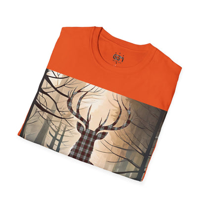 Stag Tartan Silhouette Softstyle T-Shirt - Fraser Tartan, Unisex Tee, Scottish Scenery, Various Colours