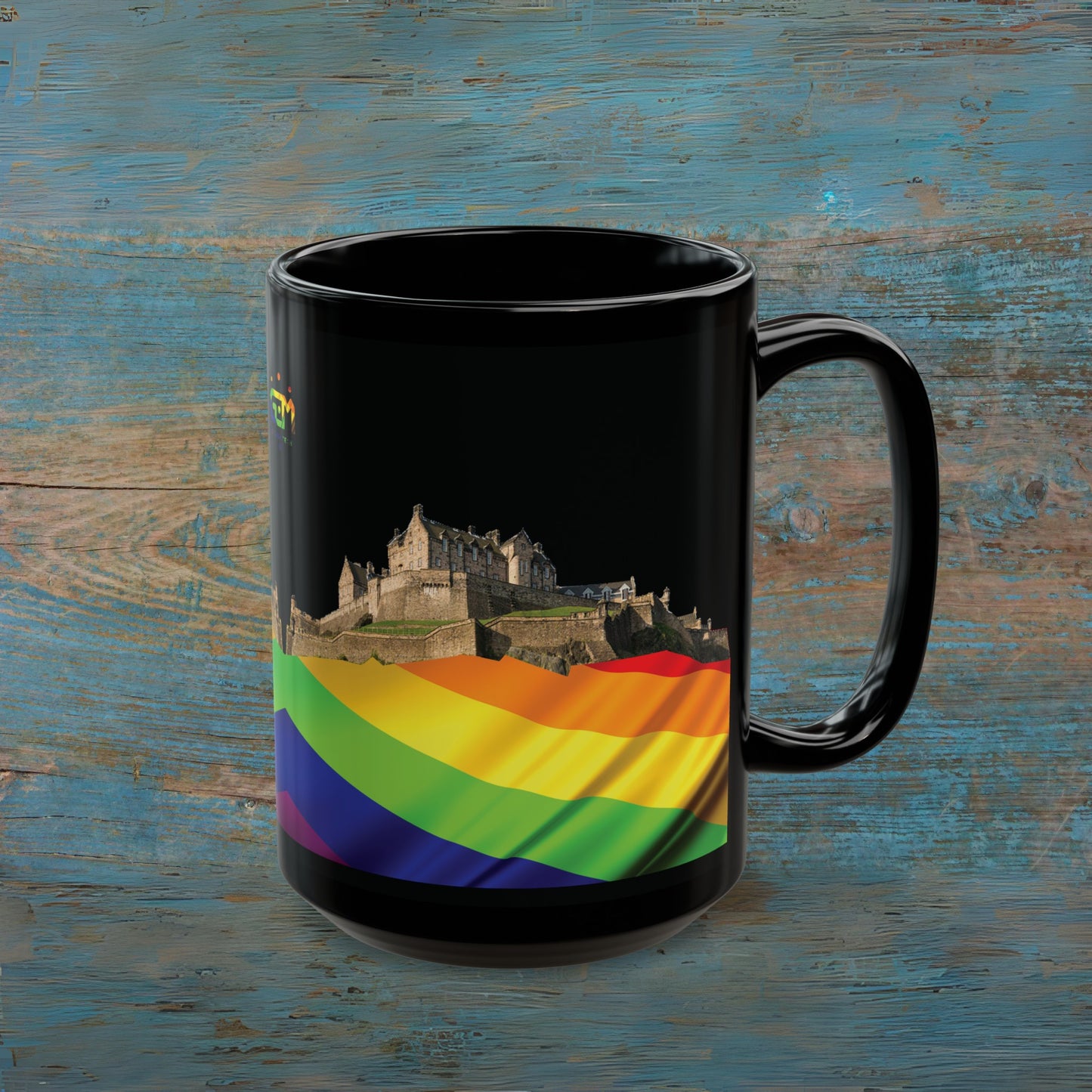 Pride Flag Rock Edinburgh Castle Photo Mug, Black