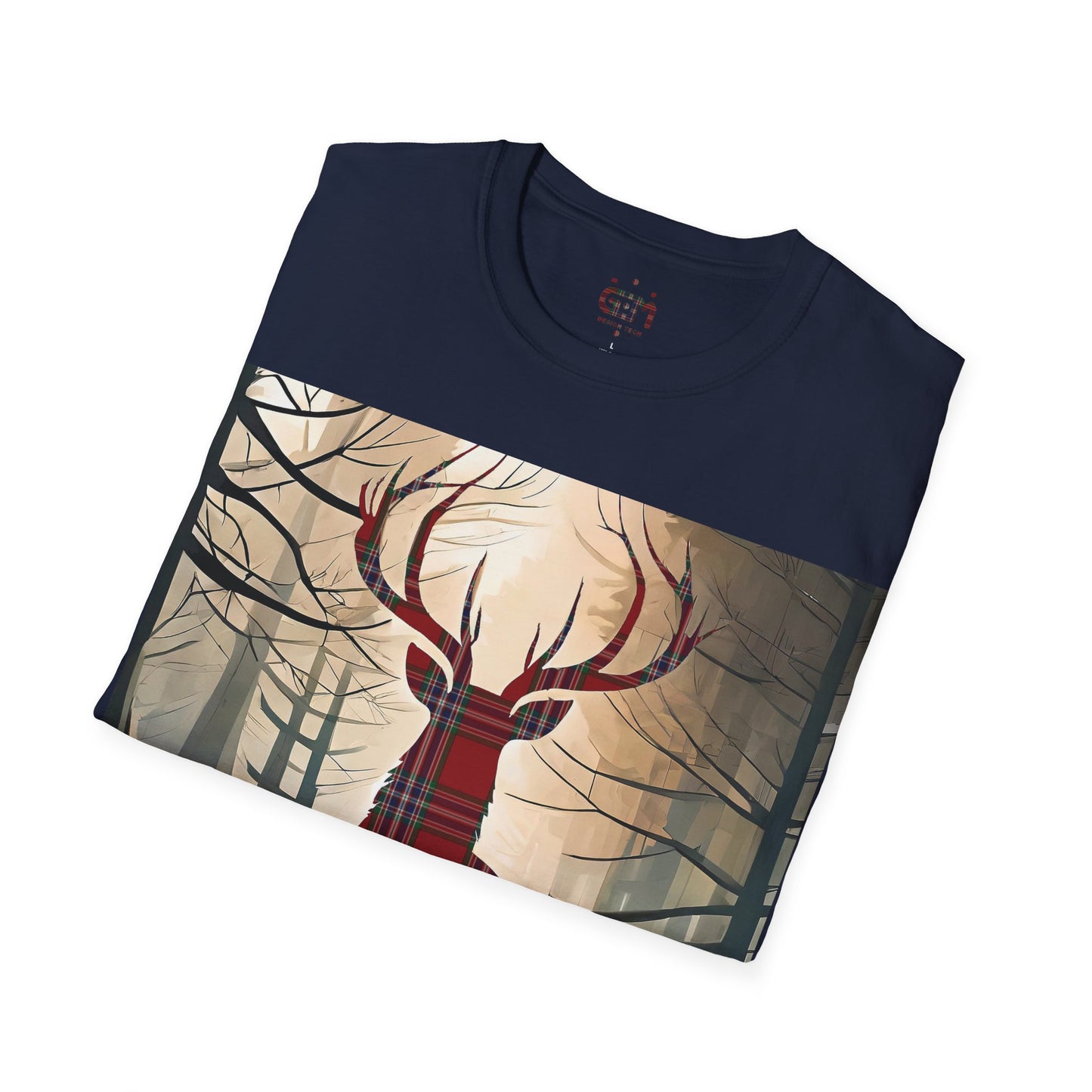 Stag Tartan Silhouette Softstyle T-Shirt - MacFarlane Tartan, Unisex Tee, Scottish Scenery, Various Colours