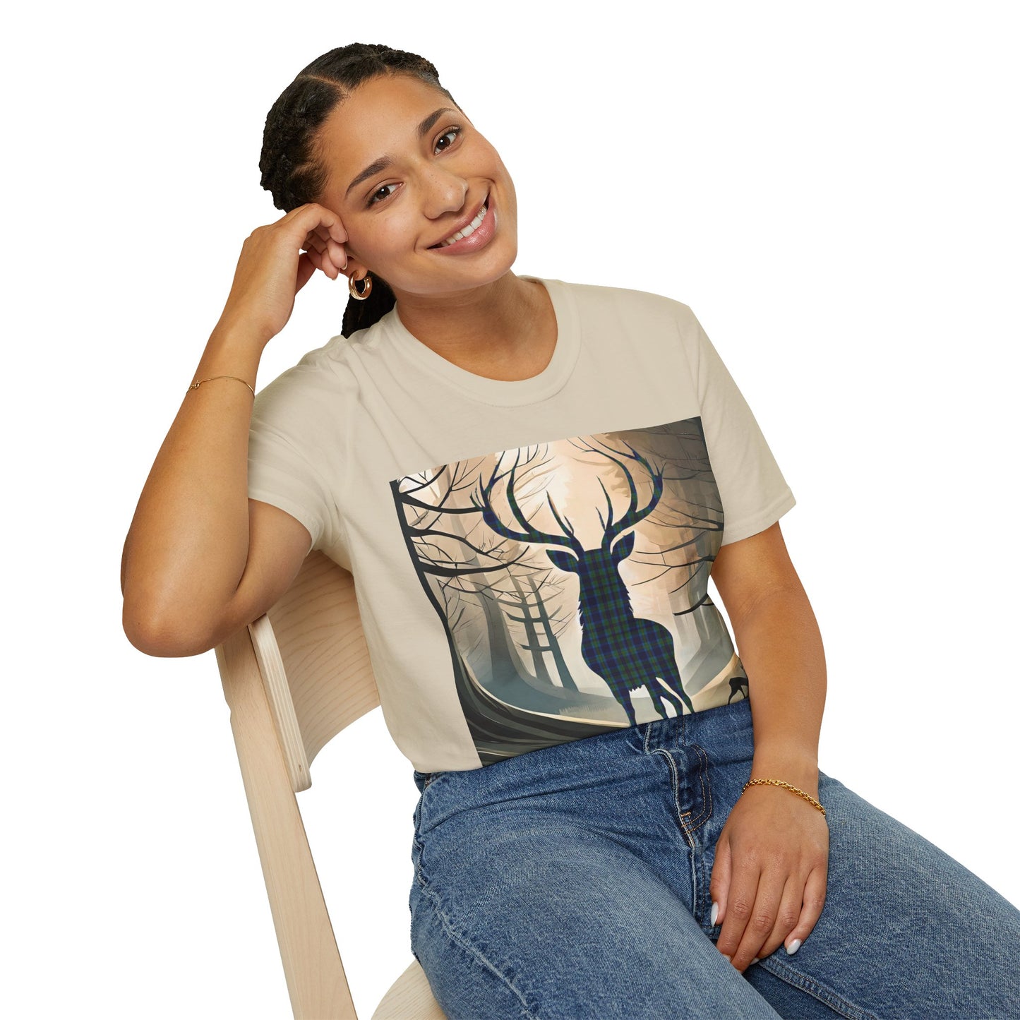 Stag Tartan Silhouette Softstyle T-Shirt - Miller Tartan, Unisex Tee, Scottish Scenery, Various Colours