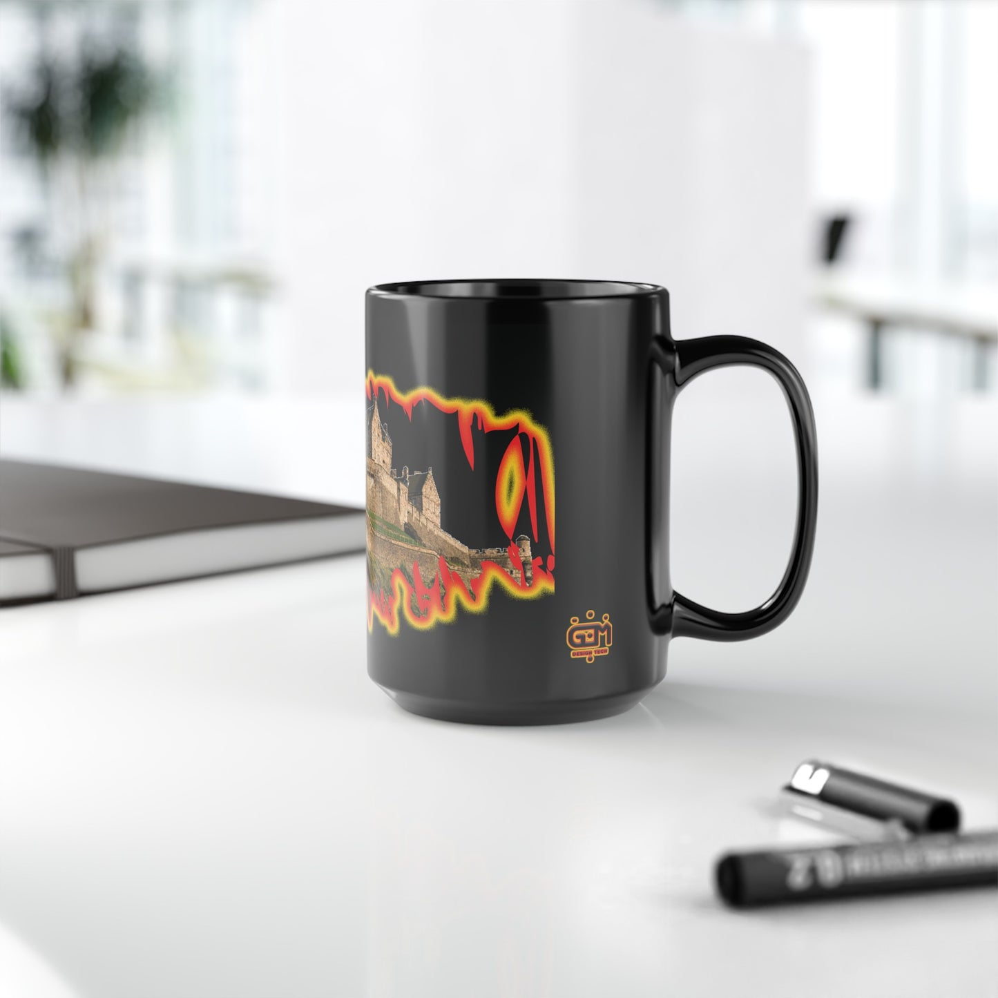 Edinburgh Castle Fire Effect Photo Mug, Black