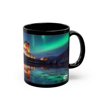 Eilean Donan Castle Northern Lights Mug, Coffee Cup, Tea Cup, Scottish Art, Scottish Landmarks, Scottish Nature, Black