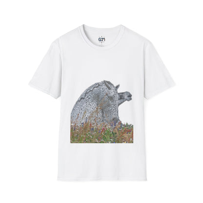 Kelpies with Meadow No Sky Photo Softstyle Unisex T-Shirt, Scottish Tee