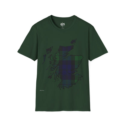 Scotland Tartan Map Softstyle Unisex T-Shirt, Black Watch Tartan, Various Colours