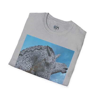 Kelpies with Meadow Photo Softstyle Unisex T-Shirt, Scottish Tee