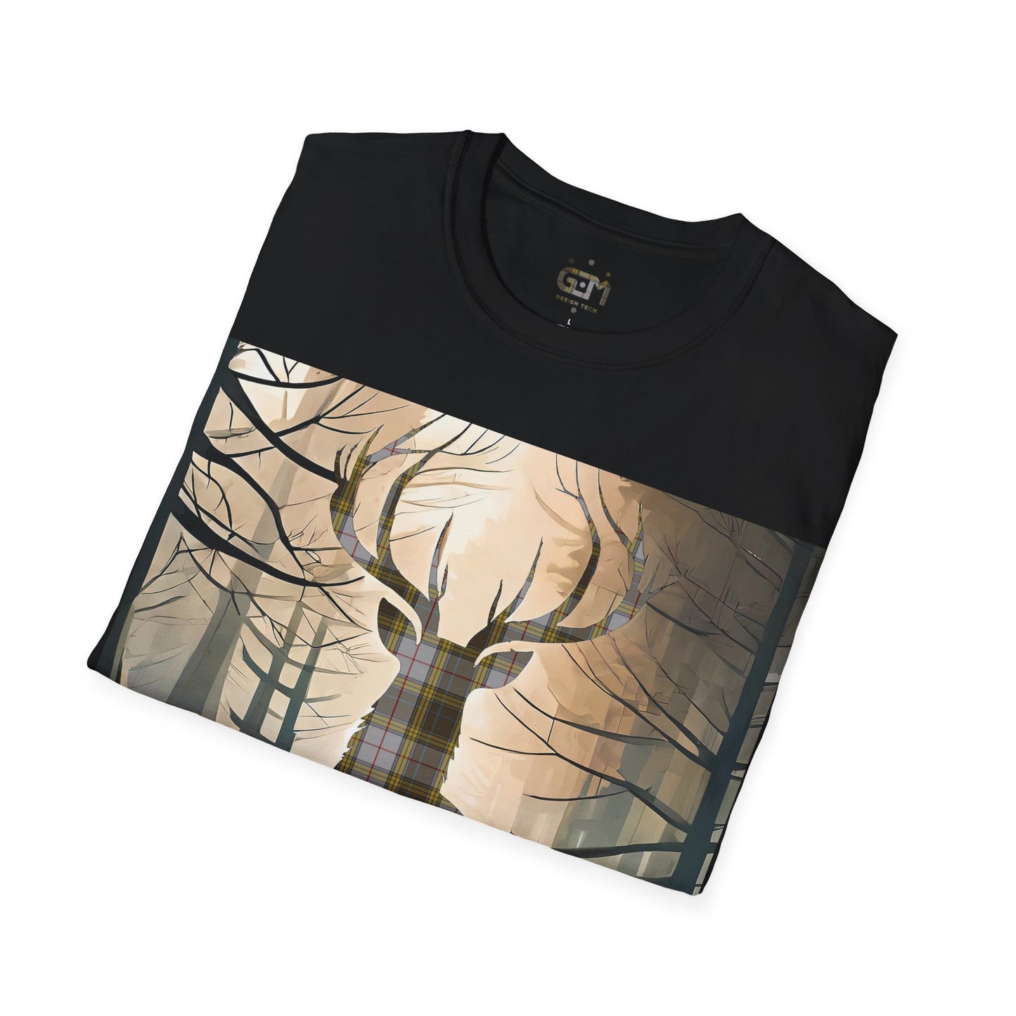 Stag Tartan Silhouette Softstyle T-Shirt - Buchanan Tartan, Unisex Tee, Scottish Scenery, Various Colours