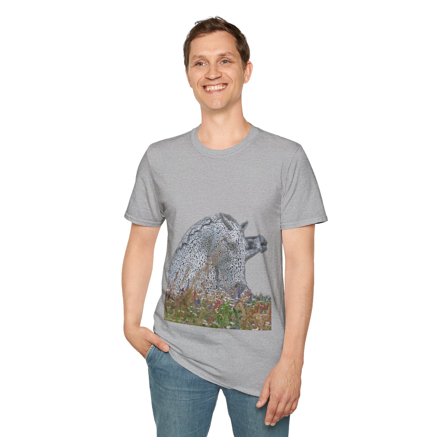 Kelpies with Meadow No Sky Photo Softstyle Unisex T-Shirt, Scottish Tee