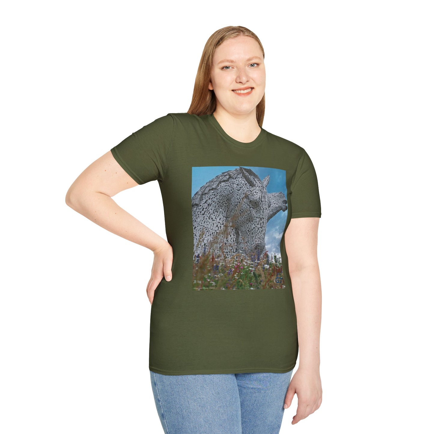 Scottish Kelpies with Meadow Photo Softstyle Unisex T-Shirt, Scotland Tee