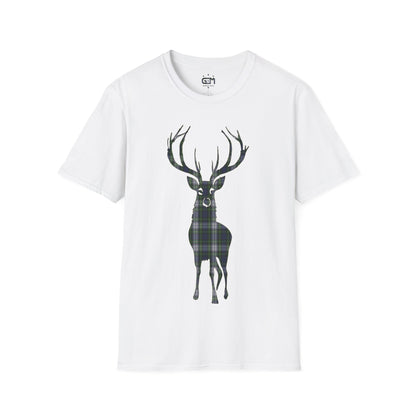 Tartan Stag Softstyle T-Shirt - Gordon Dress Tartan, Unisex Tee, Scottish Scenery, Various Colours