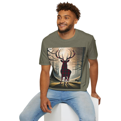 Stag Tartan Silhouette Softstyle T-Shirt - Lindsay Tartan, Unisex Tee, Scottish Scenery, Various Colours