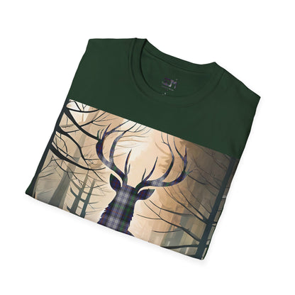 Stag Tartan Silhouette Softstyle T-Shirt - Argyle Dress Tartan, Unisex Tee, Scottish Scenery, Various Colours