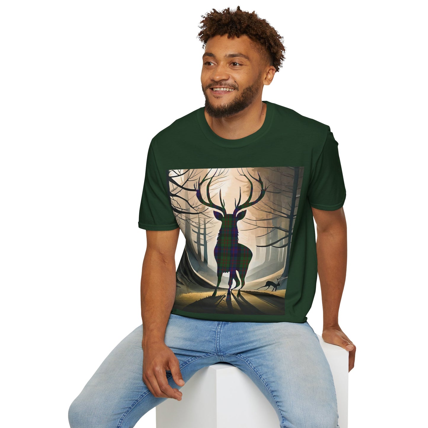 Stag Tartan Silhouette Softstyle T-Shirt - MacDonald Tartan, Unisex Tee, Scottish Scenery, Various Colours