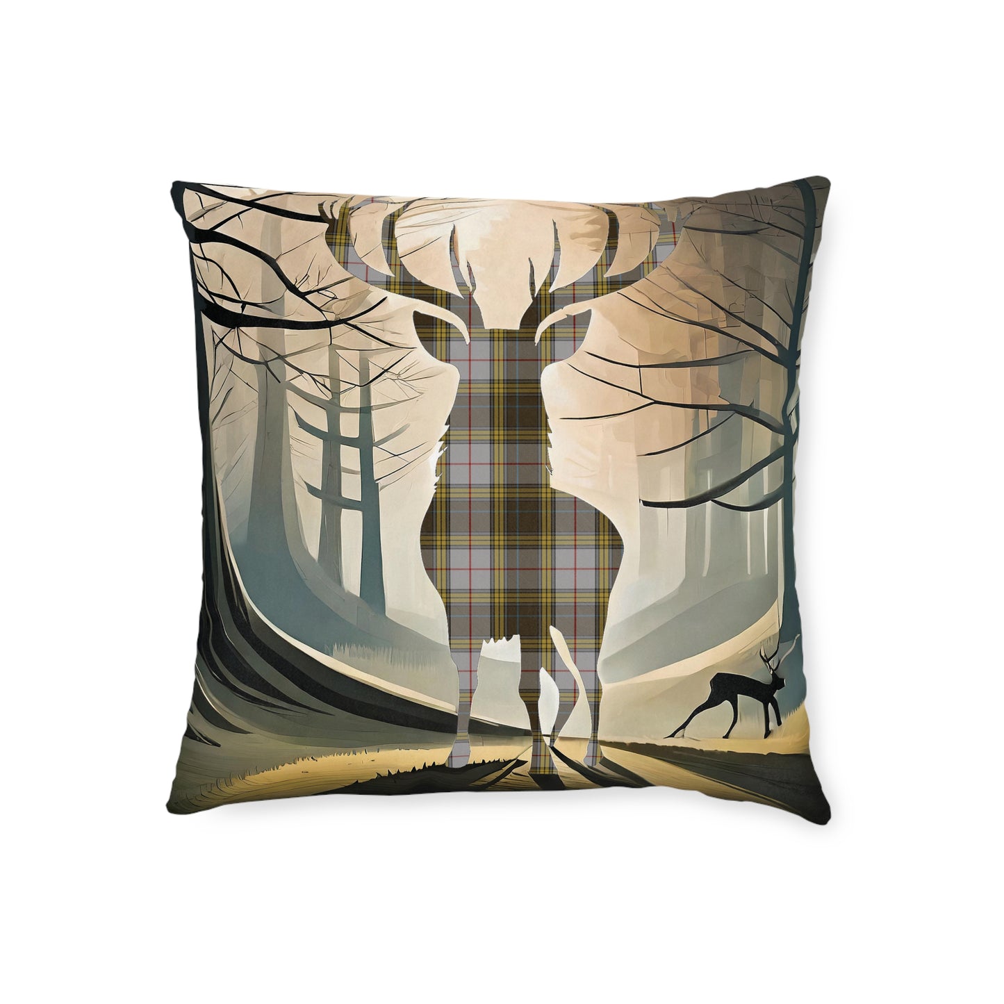 Reversible Square Cushion : Stag / Scotland Map - Buchanan Tartan, Various Sizes