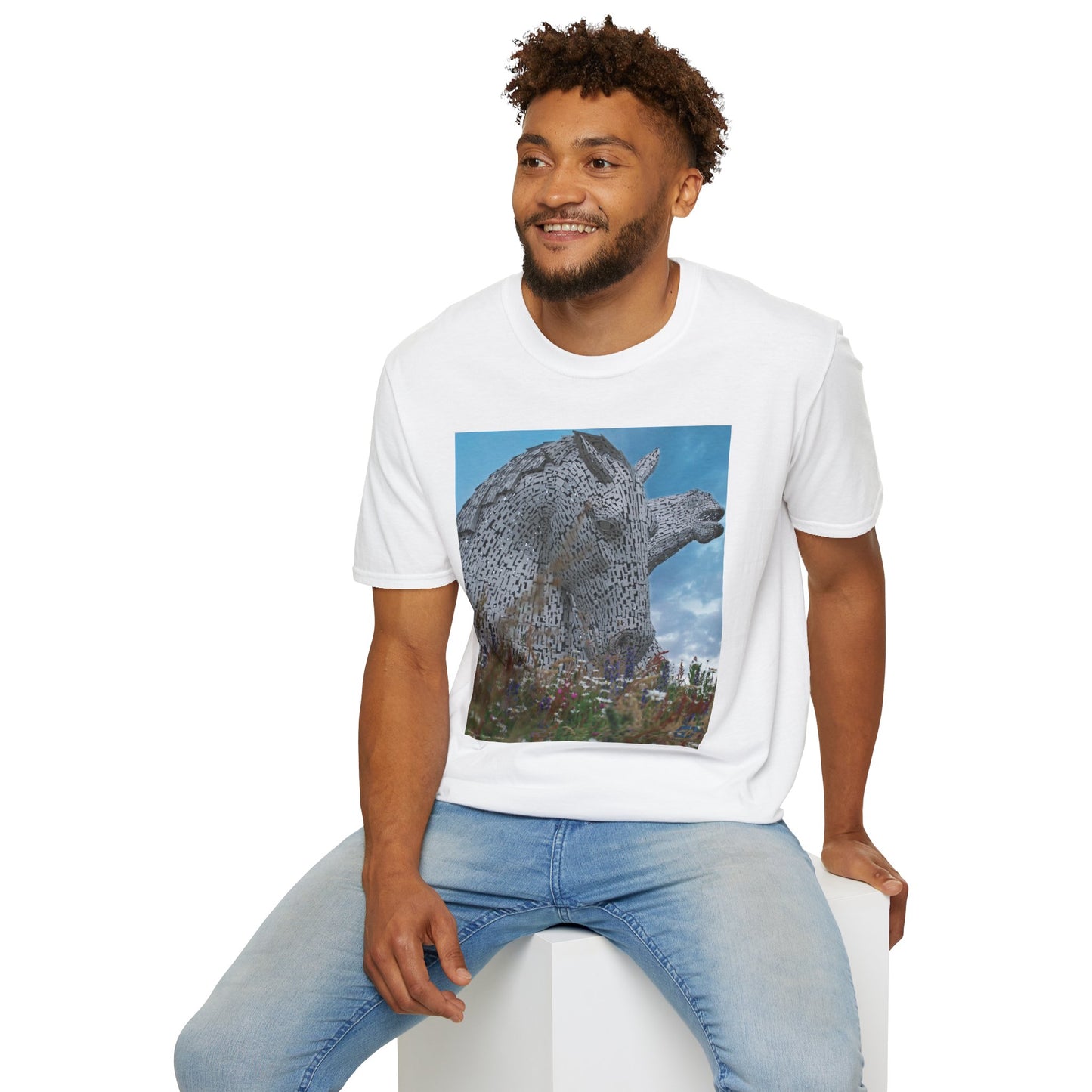 Scottish Kelpies with Meadow Photo Softstyle Unisex T-Shirt, Scotland Tee