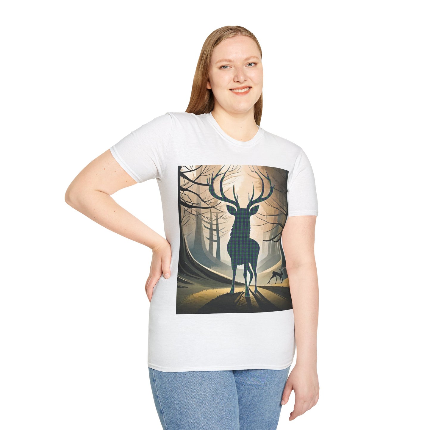 Stag Tartan Silhouette Softstyle T-Shirt - Douglas Tartan, Unisex Tee, Scottish Scenery, Various Colours