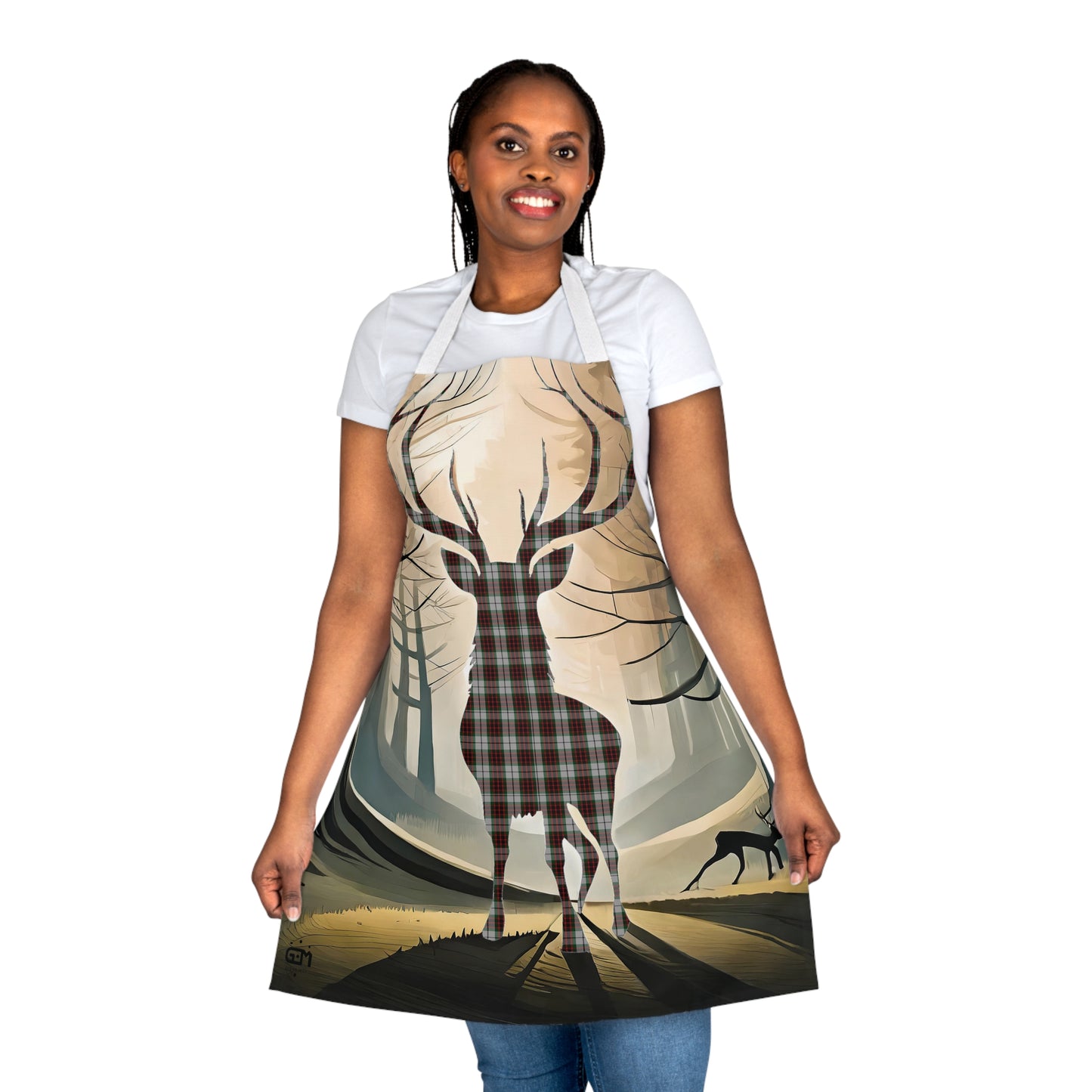 Tartan Stag Woodland Scene Apron - Fraser Tartan, Scottish Cooking Apparel, Chef Accessory