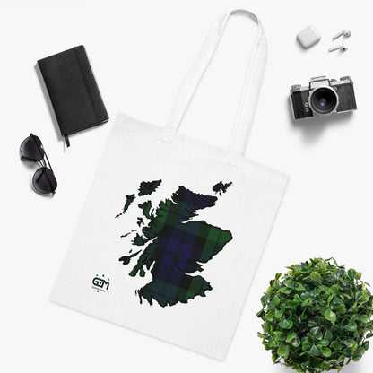 Reversible Scotland Tartan Map Cotton Tote Bag - Black Watch Tartan