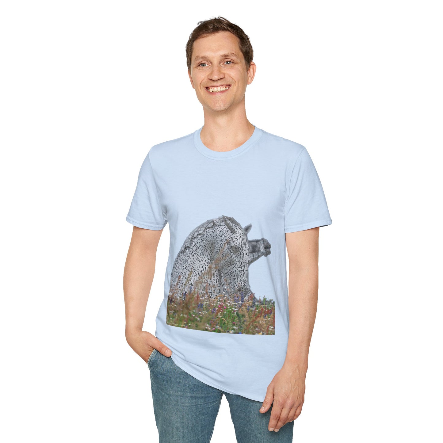 Kelpies with Meadow No Sky Photo Softstyle Unisex T-Shirt, Scottish Tee