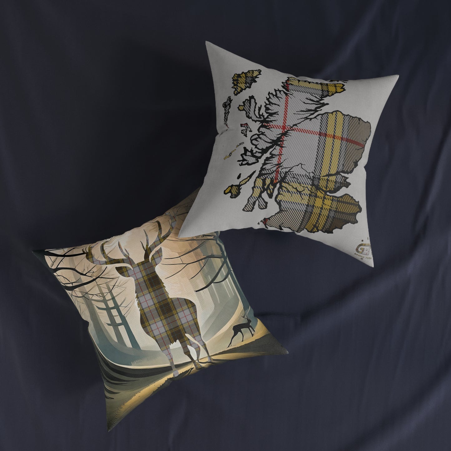 Reversible Square Cushion : Stag / Scotland Map - Buchanan Tartan, Various Sizes