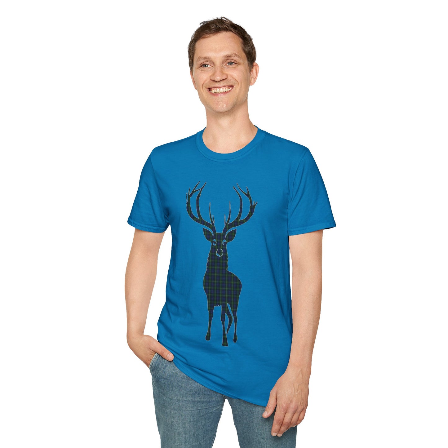 Tartan Stag Softstyle T-Shirt - Gordon Tartan, Unisex Tee, Scottish Scenery, Various Colours