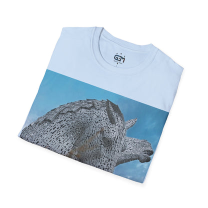 Kelpies with Meadow Photo Softstyle T-Shirt, Unisex Tee, Scottish Landmarks, Various Colours