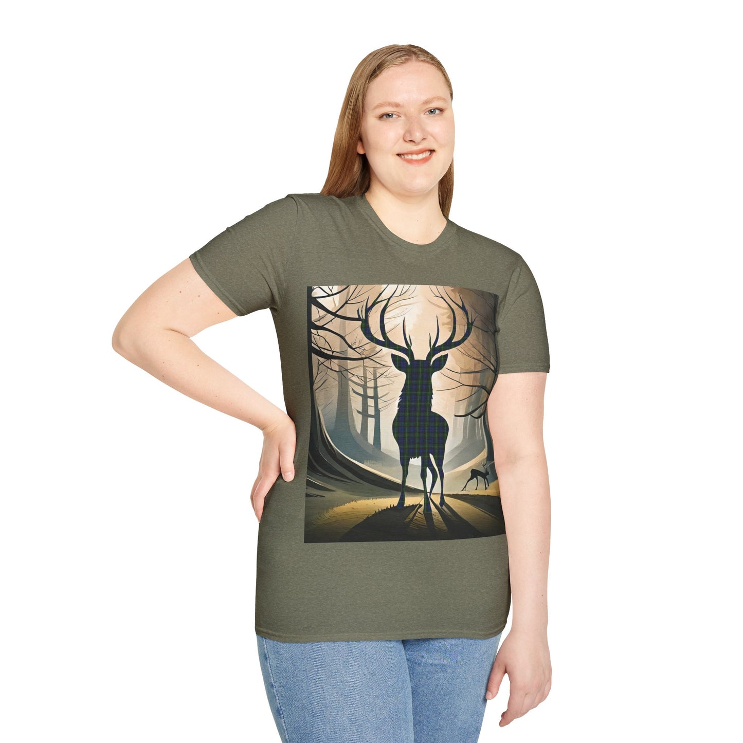 Stag Tartan Silhouette Softstyle T-Shirt - Gordon Tartan, Unisex Tee, Scottish Scenery, Various Colours