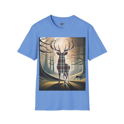 Stag Tartan Silhouette Softstyle T-Shirt - Stewart Dress Tartan, Unisex Tee, Scottish Scenery, Various Colours