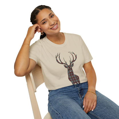 Tartan Stag Softstyle T-Shirt - Stewart Tartan, Unisex Tee, Scottish Scenery, Various Colours