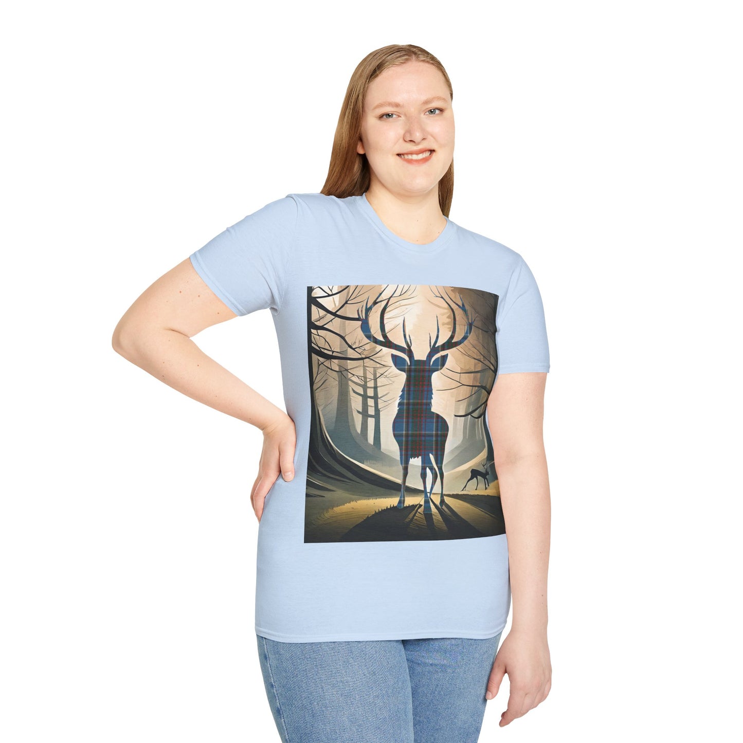 Stag Tartan Silhouette Softstyle T-Shirt - Anderson Old Tartan, Unisex Tee, Scottish Scenery, Various Colours