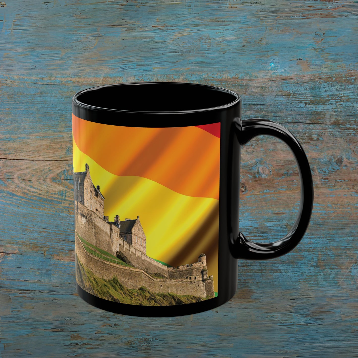 Edinburgh Castle Pride Flag Sky Photo Mug, Black