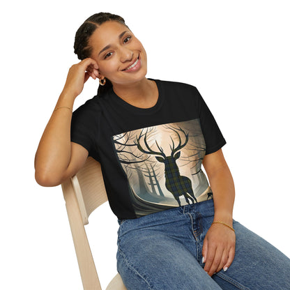 Stag Tartan Silhouette Softstyle T-Shirt - Campbell Tartan, Unisex Tee, Scottish Scenery, Various Colours