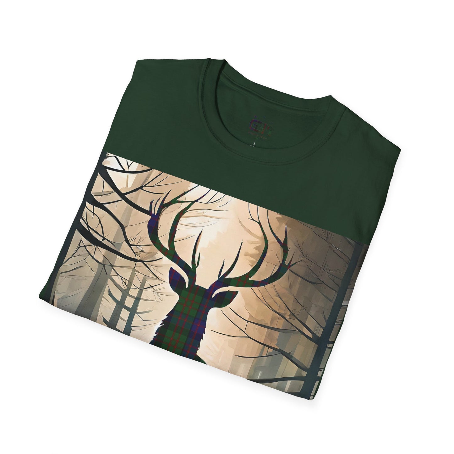 Stag Tartan Silhouette Softstyle T-Shirt - MacDonald Tartan, Unisex Tee, Scottish Scenery, Various Colours