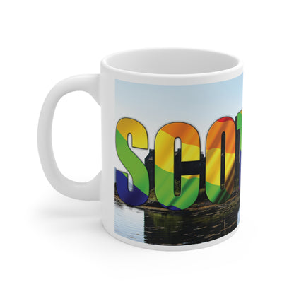 Scotland Lettering Pride Flag Photo Mug, White