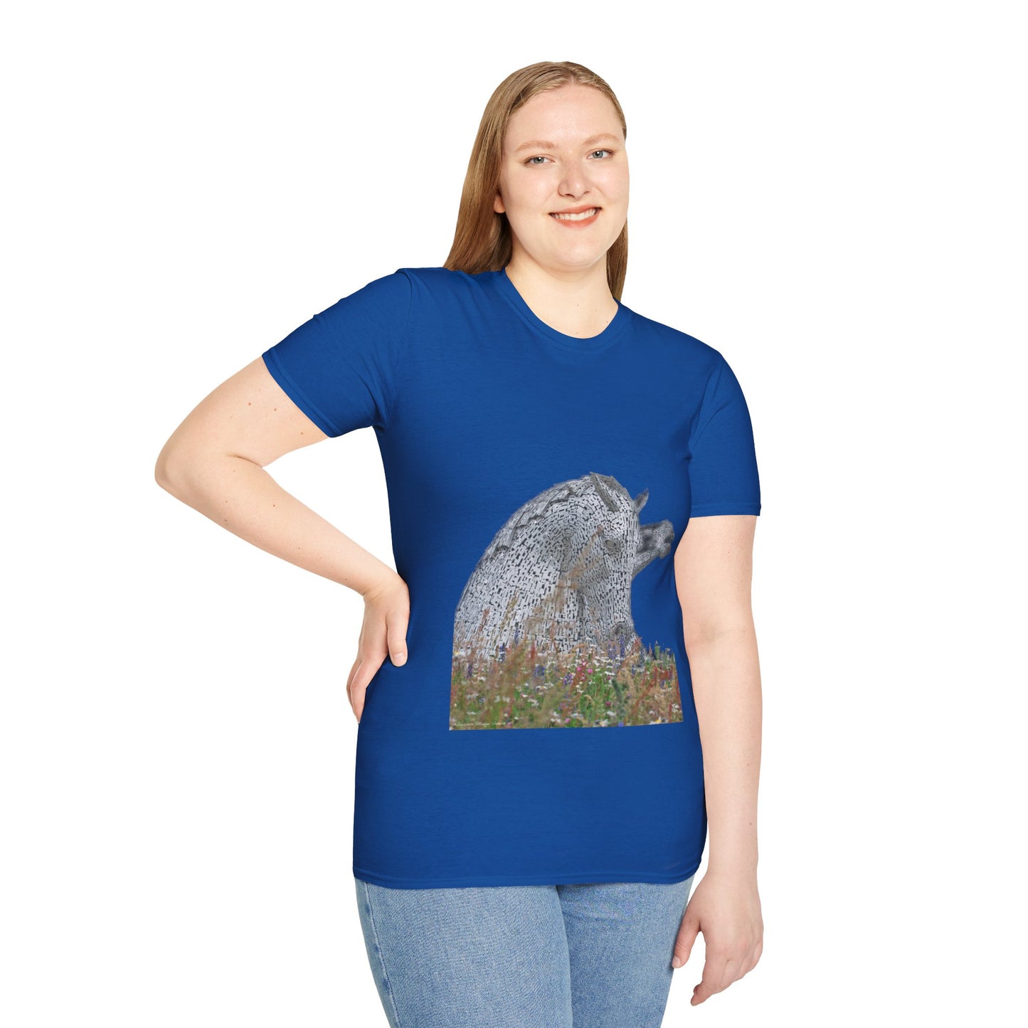 Kelpies with Meadow No Sky Photo Softstyle Unisex T-Shirt, Scottish Tee