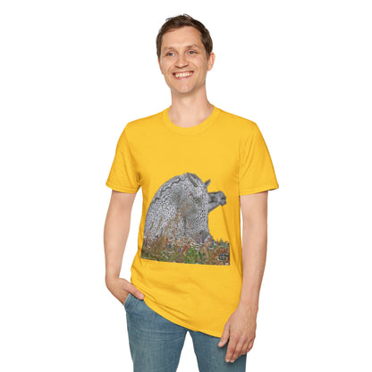 Scottish Kelpies with Meadow No Sky Photo Softstyle Unisex T-Shirt, Scotland Tee