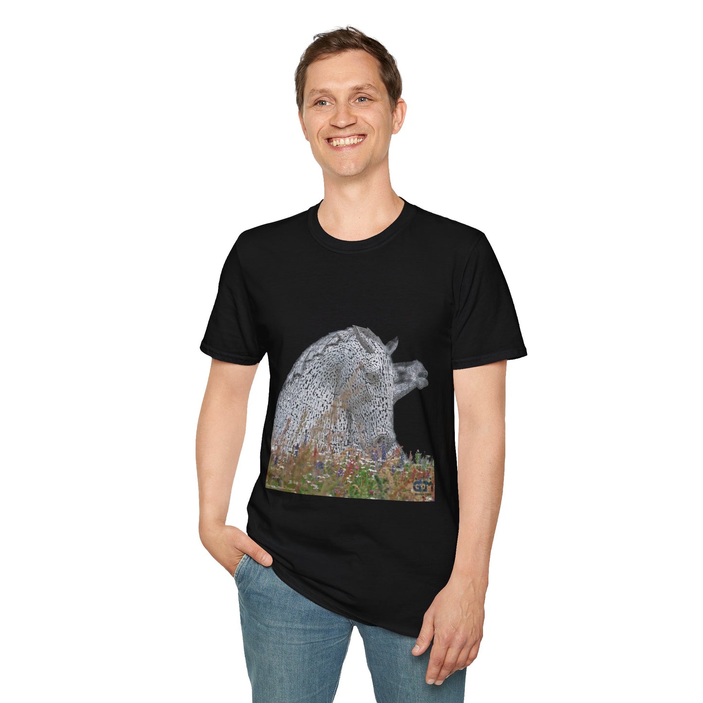 Scottish Kelpies with Meadow No Sky Photo Softstyle Unisex T-Shirt, Scotland Tee