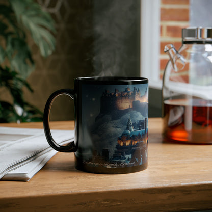 Edinburgh in Winter Mug, Coffee Cup, Tea Cup, Scottish Art, Scottish Landmarks, Scottish Nature, Black