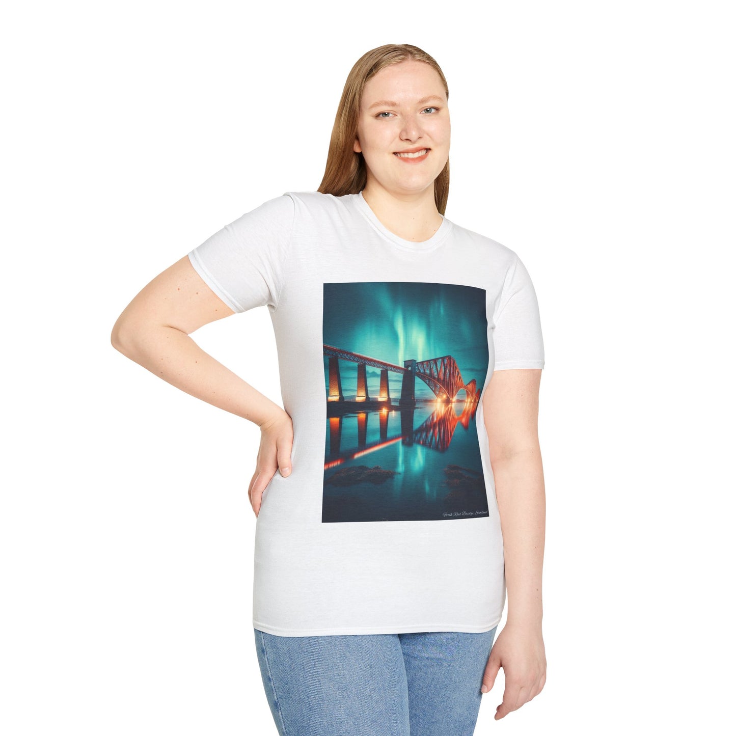 Forth Rail Bridge with Northern Lights Softstyle Unisex T-Shirt, Scotland Tee