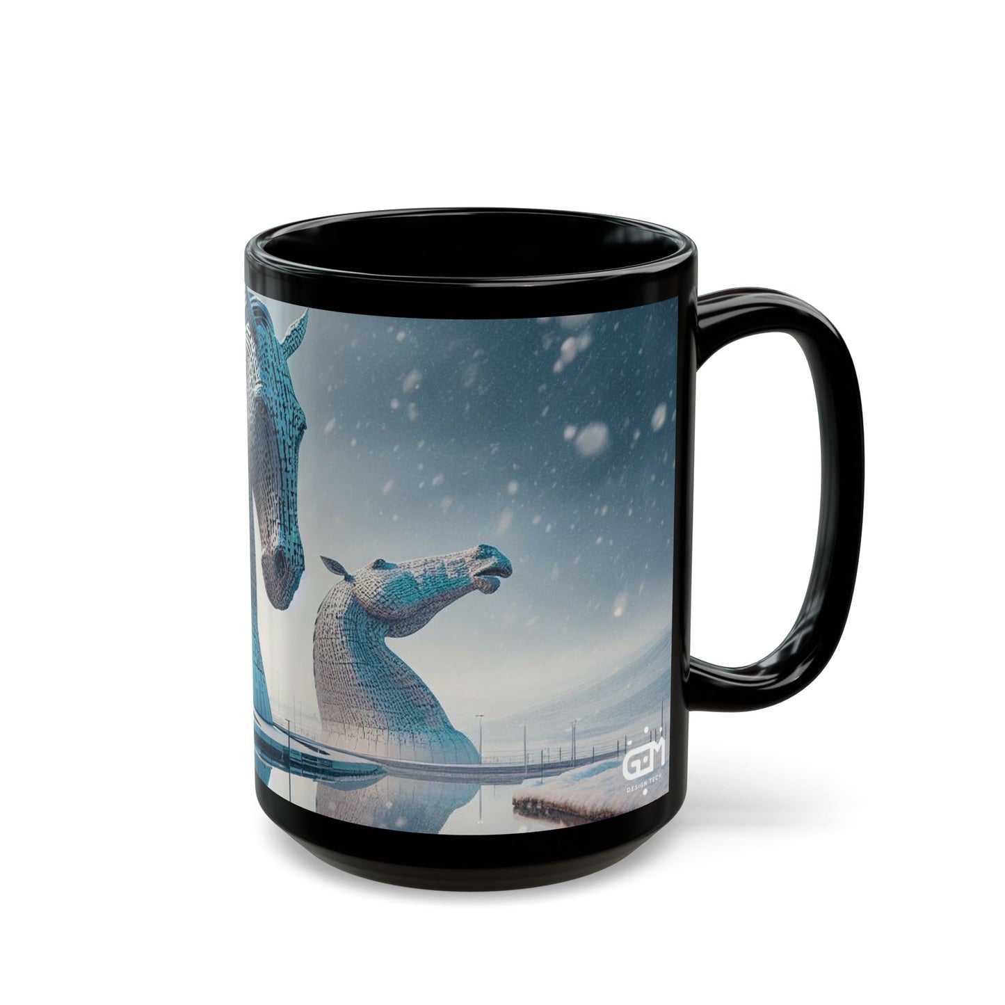 Kelpies in Winter Mug, Coffee Cup, Tea Cup, Scottish Art, Scottish Landmarks, Scottish Nature, Black