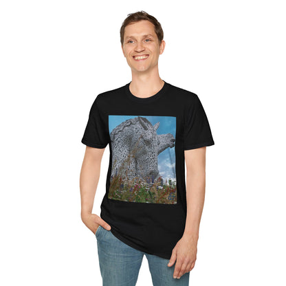 Scottish Kelpies with Meadow Photo Softstyle Unisex T-Shirt, Scotland Tee