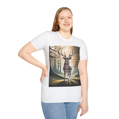 Stag Tartan Silhouette Softstyle T-Shirt - Stewart Dress Tartan, Unisex Tee, Scottish Scenery, Various Colours