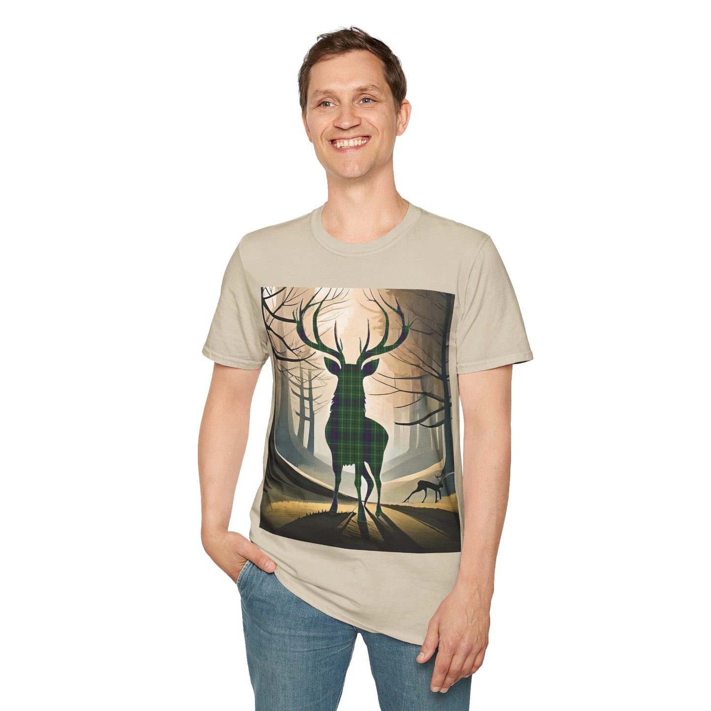 Stag Tartan Silhouette Softstyle T-Shirt - Duncan Tartan, Unisex Tee, Scottish Scenery, Various Colours