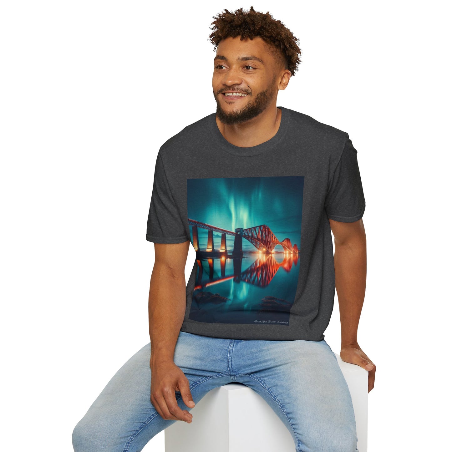 Forth Rail Bridge with Northern Lights Softstyle Unisex T-Shirt, Scotland Tee