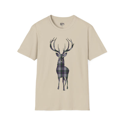 Tartan Stag Softstyle T-Shirt - Argyle Dress Tartan, Unisex Tee, Scottish Scenery, Various Colours