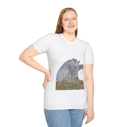 Kelpies with Meadow No Sky Photo Softstyle Unisex T-Shirt, Scottish Tee