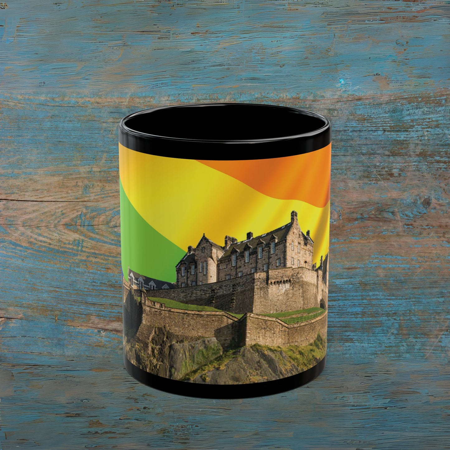 Edinburgh Castle Pride Flag Sky Photo Mug, Black