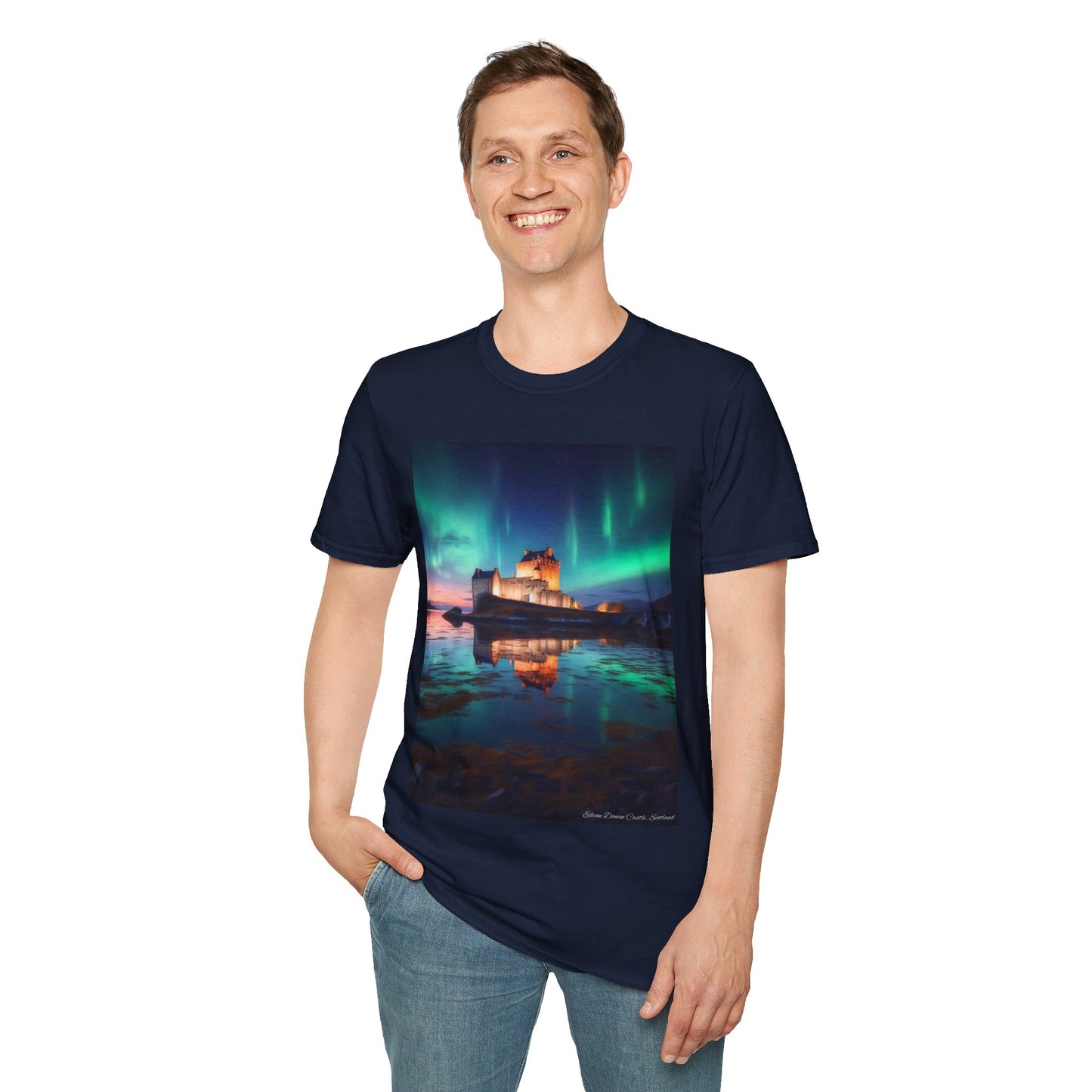 Eilean Donan Castle with Northern Lights Softstyle Unisex T-Shirt, Scotland Tee