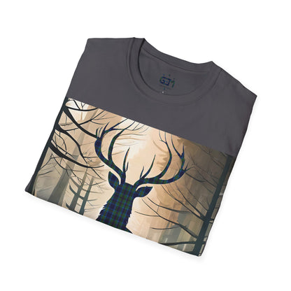 Stag Tartan Silhouette Softstyle T-Shirt - Miller Tartan, Unisex Tee, Scottish Scenery, Various Colours