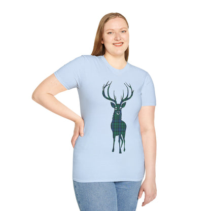 Tartan Stag Softstyle T-Shirt - Flower of Scotland Tartan, Unisex Tee, Scottish Scenery, Various Colours